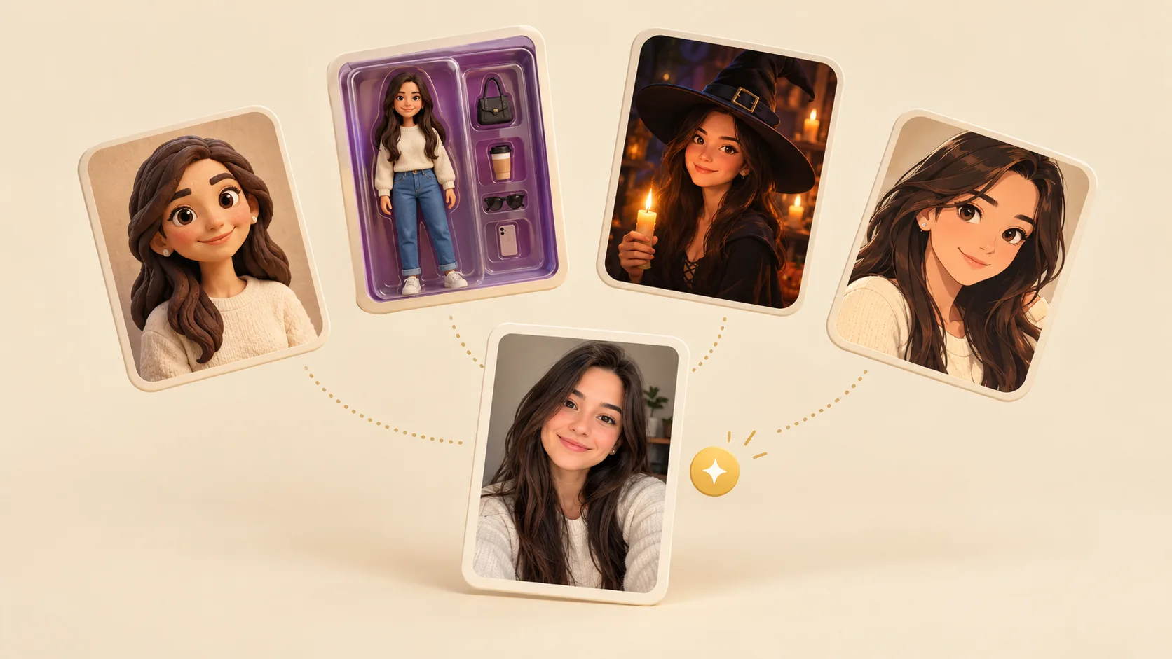 One portrait photo in the middle, linked to four versions of the same woman: an anime drawing, a boxed toy figure, a Halloween witch and a soft illustrated portrait