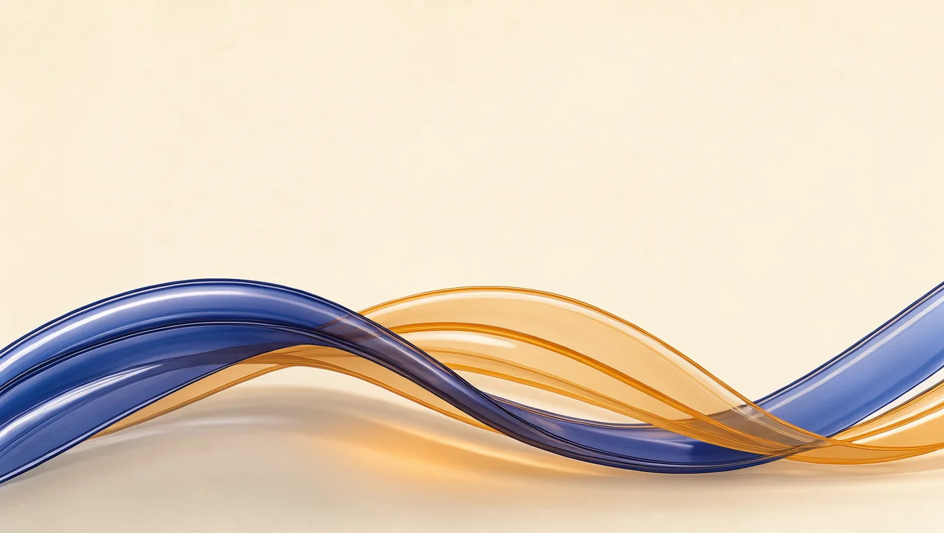 Indigo and amber glass ribbons folding into a soft wave on a warm cream background, made with FLUX 3 Klein